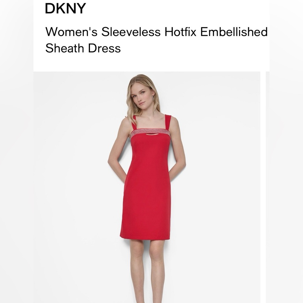 DKNY City NWT Crimson Sleeveless Sheath Dress with Embellished Neckline 16